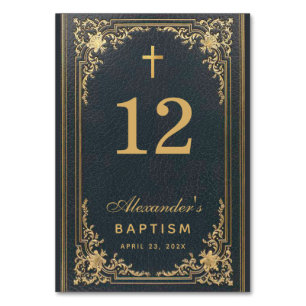 Blue Gold Cross Vintage Elegant Boy Baptism  Table Number