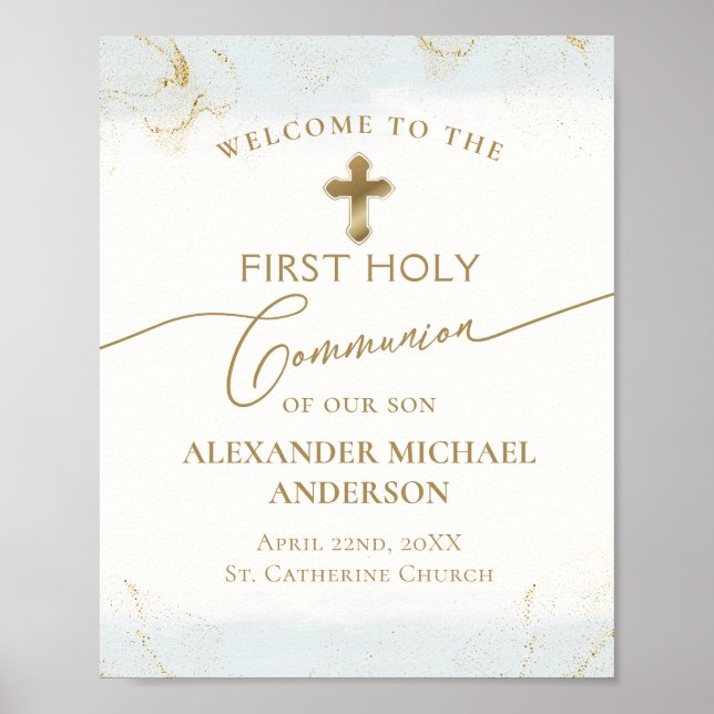 Blue Gold Cross Welcome Boy First Holy Communion  Poster (Front)