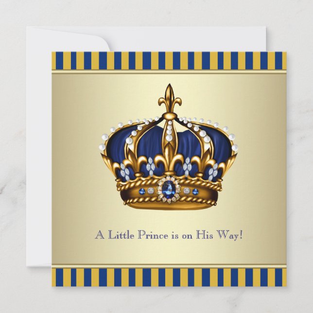 Blue Gold Crown Little Prince Baby Shower Invitation (Front)