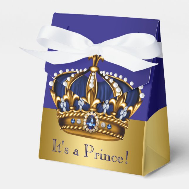 Blue Gold Crown Prince Baby Shower Favor Box (Front Side)