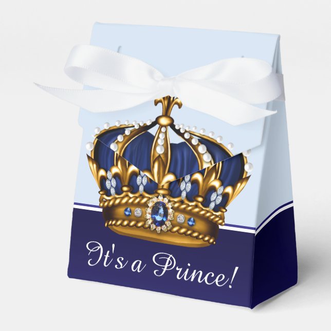 Blue Gold Crown Prince Boy Baby Shower Favor Box (Front Side)