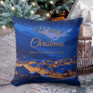 Blue Gold Custom Winter Village Christmas  Throw Pillow