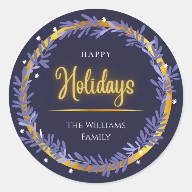 Blue Gold Cute Happy Holidays Merry Christmas Classic Round Sticker (Front)