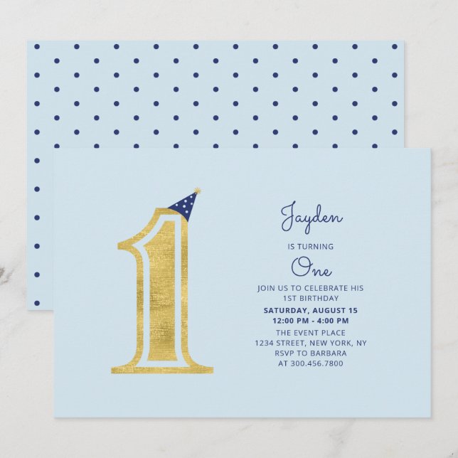 Blue & Gold |  Cute Modern Boy 1st Birthday Party Invitation (Front/Back)