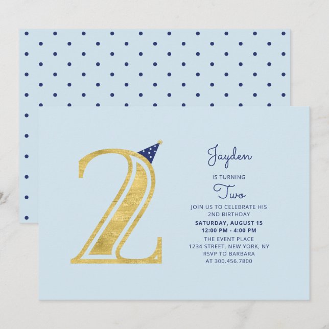 Blue & Gold |  Cute Modern Boy 2nd Birthday Party Invitation (Front/Back)
