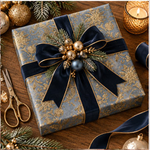 Blue & Gold Damask Faux Velvet Holiday Wrapping Paper