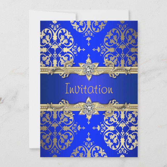 Blue Gold Damask Royal Blue Party Announcement (Front)