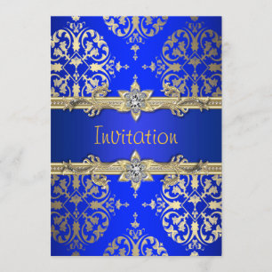 Blue Gold Damask Royal Blue Party Faire-part