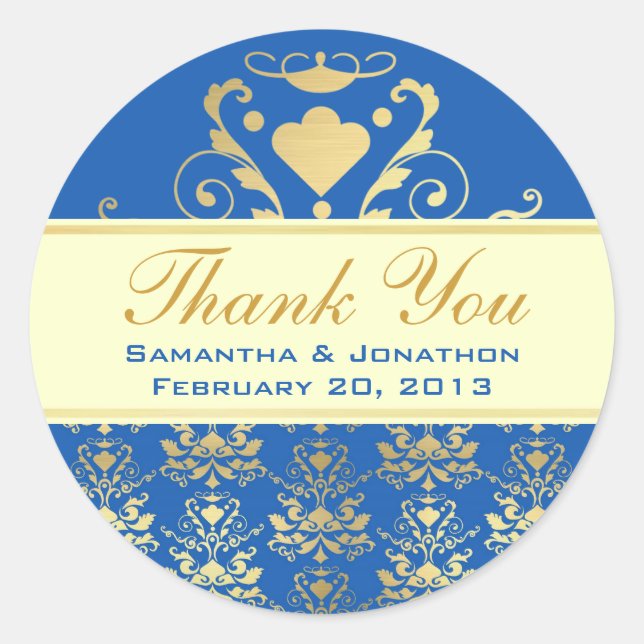 Blue & Gold Damask w/ Ivory Wedding Thank You Classic Round Sticker (Front)