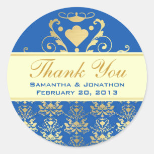 Blue & Gold Damask w/ Ivory Wedding Thank You Classic Round Sticker
