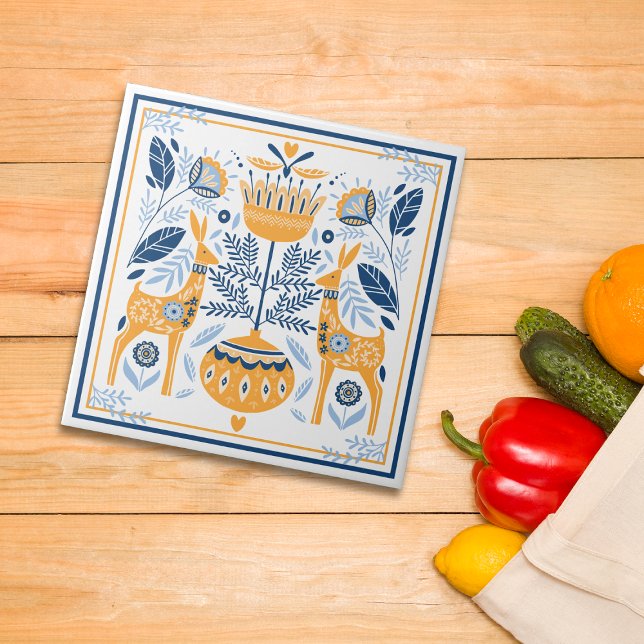 Blue Gold Deer Hygge Pattern Tile (Creator Uploaded)