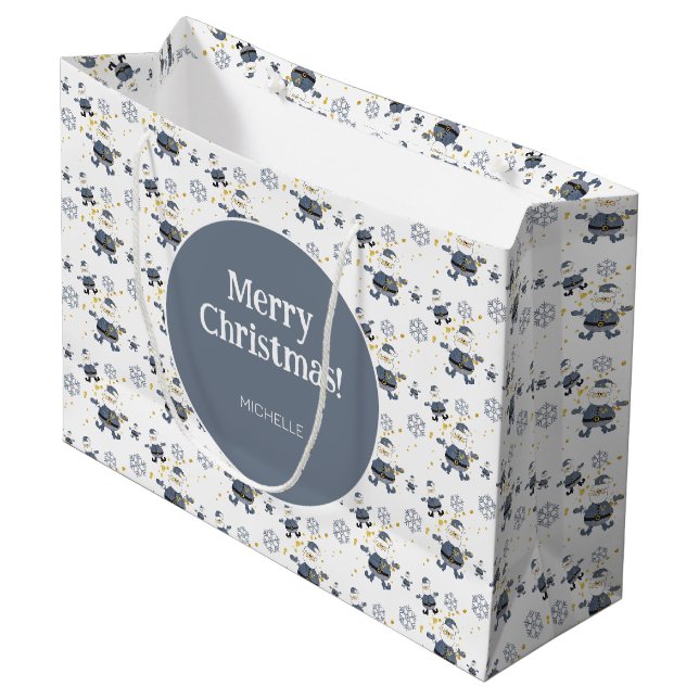 Blue Gold Denim Christmas Santa Personalized Large Gift Bag (Front Angled)