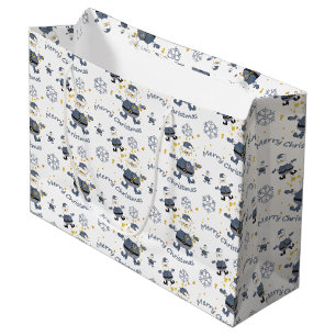 Blue Gold Denim Fashion Christmas Santa Pattern Large Gift Bag