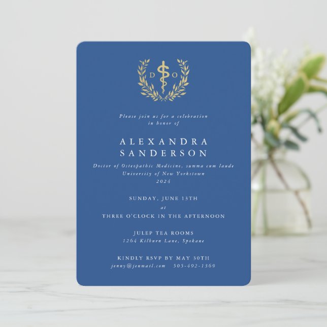 Blue/Gold Doctor of Osteopathic Medicine Grad Invitation (Standing Front)