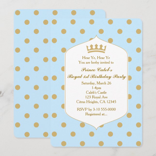 Blue & Gold Dots Royal Crown Prince Invitations (Front/Back)