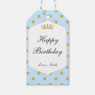 Blue & Gold Dots Royal Crown Prince Party Gift Tag
