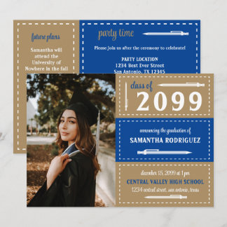 Blue & Gold Dotted Boxes and Pencils Graduation Invitation
