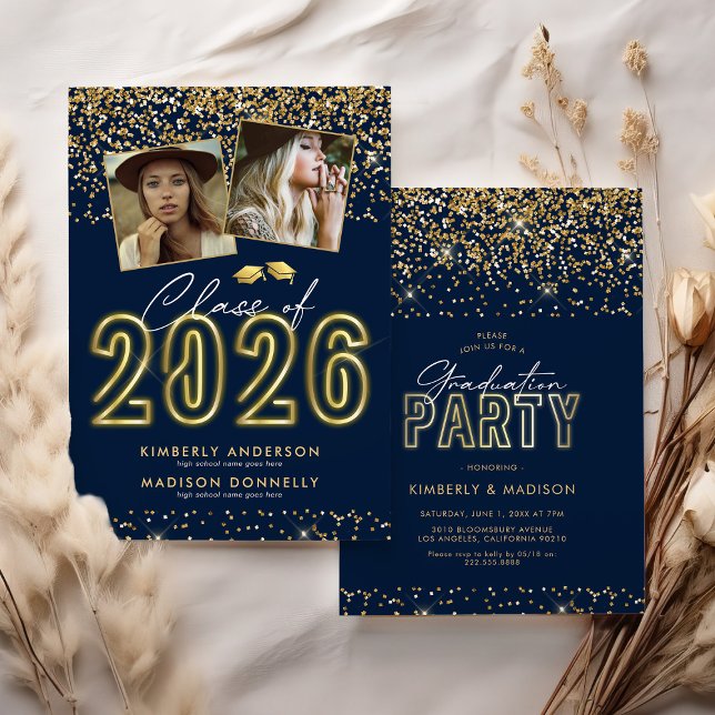 Blue Gold Double Graduation Party Invitation (Creator Uploaded)