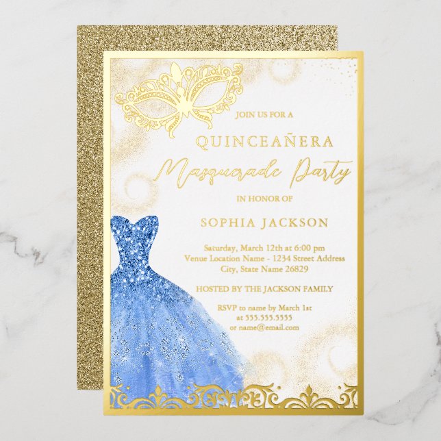 Blue Gold Dress Masquerade Party Quinceanera  (Front/Back)
