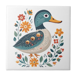 Blue Gold Duck Scandinavian Folk Art Tile
