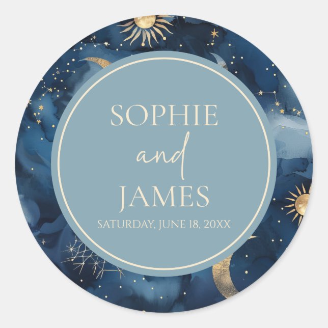 Blue Gold Elegant Celestial Starry Sky Wedding Classic Round Sticker (Front)