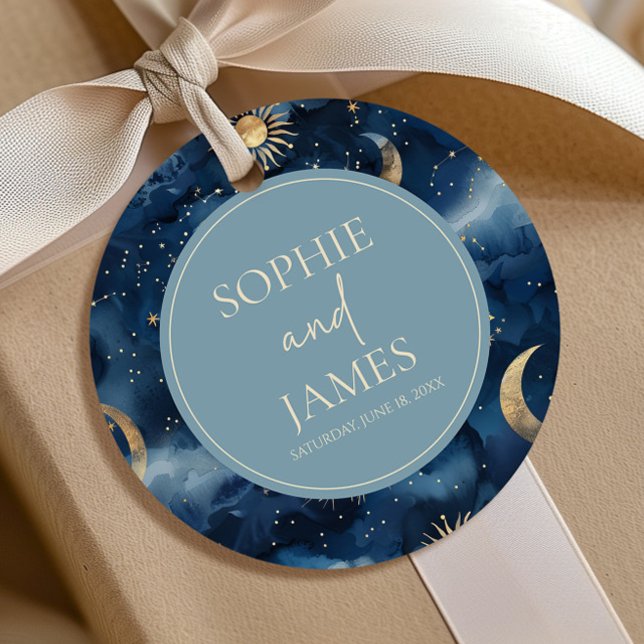 Blue Gold Elegant Celestial Starry Sky Wedding Favour Tags (Creator Uploaded)