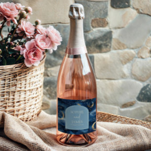 Blue Gold Elegant Celestial Starry Sky Wedding Sparkling Wine Label