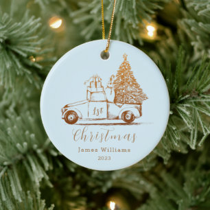 Blue Gold Elegant Photo Baby's First Christmas Ceramic Ornament