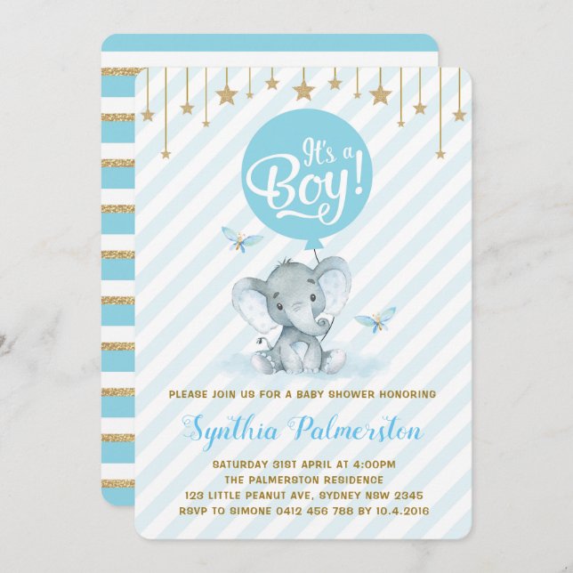 Blue Gold Elephant Baby Shower Twinkle Star Invite (Front/Back)