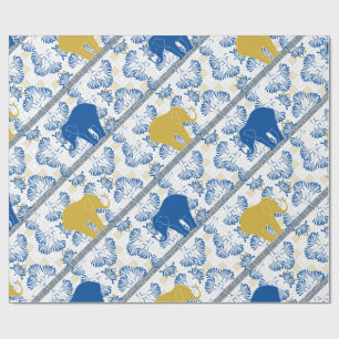 Blue Gold Elephant Floral Safari Jungle Pattern Wrapping Paper