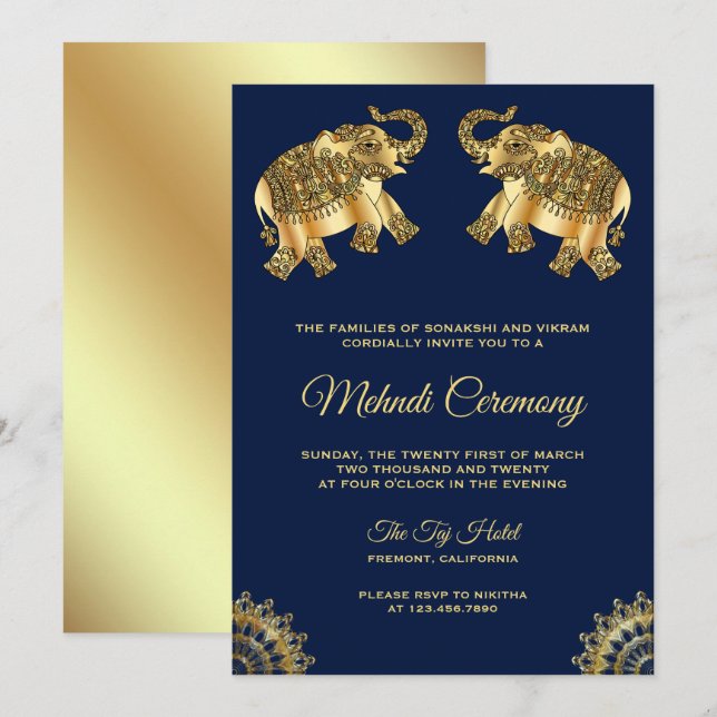 Blue Gold Elephants Indian Henna Mehndi Ceremony Invitation (Front/Back)