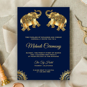 Blue Gold Elephants Indian Henna Mehndi Ceremony Invitation