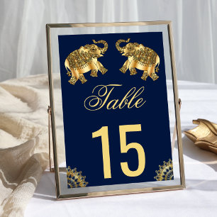 Blue Gold Ethnic Elephants Indian Wedding Table Number