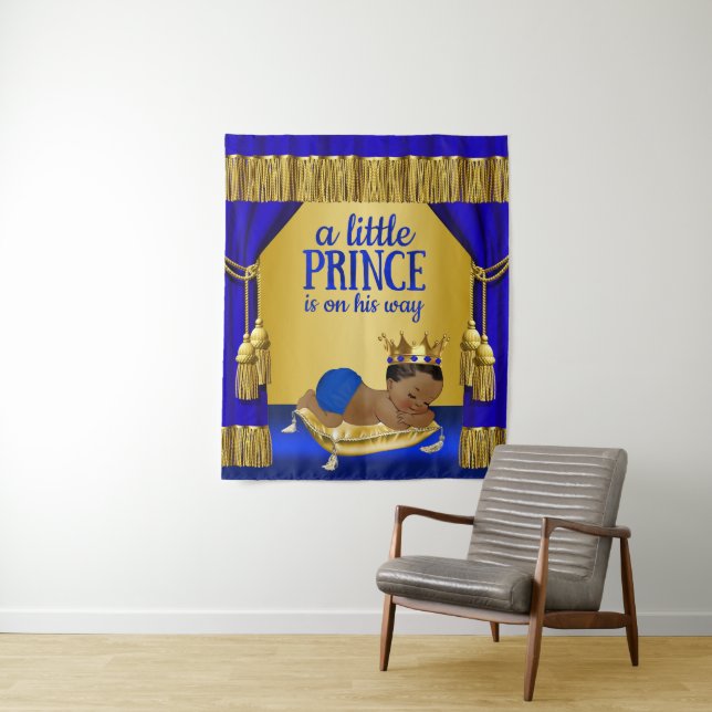Blue Gold Ethnic Prince Baby Shower Backdrop Tapestry (In Situ)