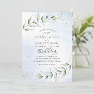 Blue & Gold Eucalyptus Watercolor Wedding Invitation