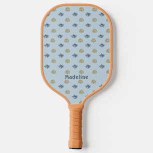 Blue Gold Evil Eye Pattern Monogram First Name Pickleball Paddle