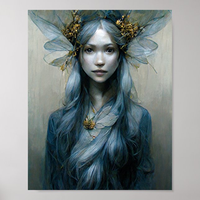 Blue Gold Fairy Fantasy Art Poster (Front)