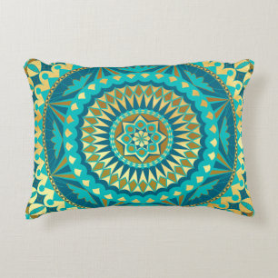 Blue Gold Fantasy Mandala Accent Pillow