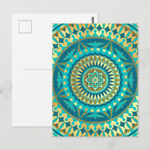 Blue Gold Fantasy Mandala Postcard