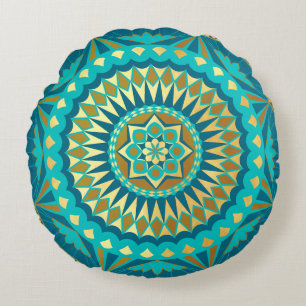 Blue Gold Fantasy Mandala Round Pillow