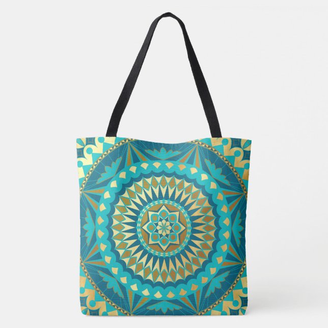 Blue Gold Fantasy Mandala Tote Bag (Back)