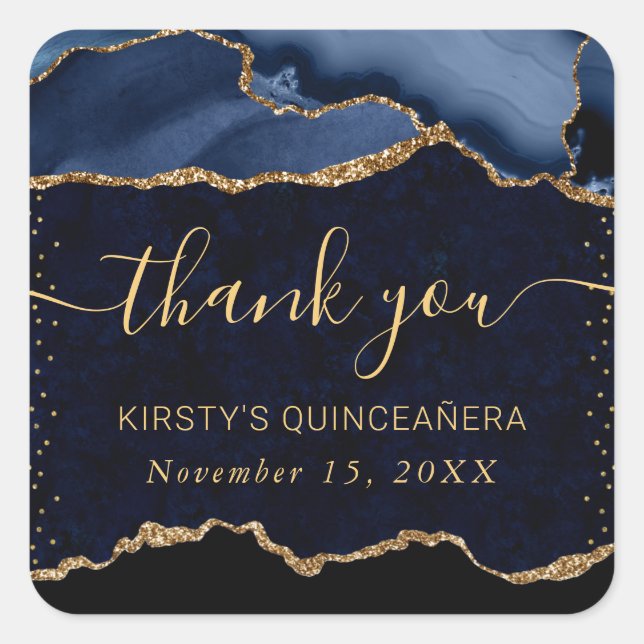 Blue & Gold Faux Glitter Agate Marble Quinceanera Square Sticker (Front)