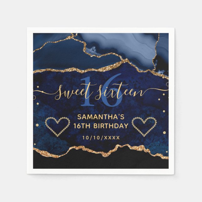 Blue & Gold Faux Glitter Agate Marble Sweet 16 Napkin (Front)