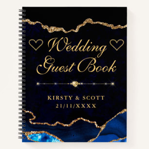 Blue Gold Faux Glitter Agate Wedding Guest Book