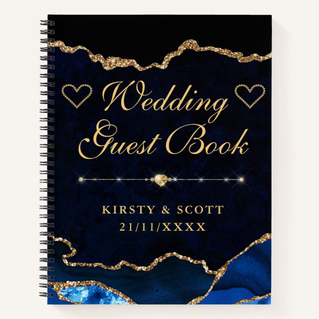 Blue Gold Faux Glitter Agate Wedding Guest Book (Front)