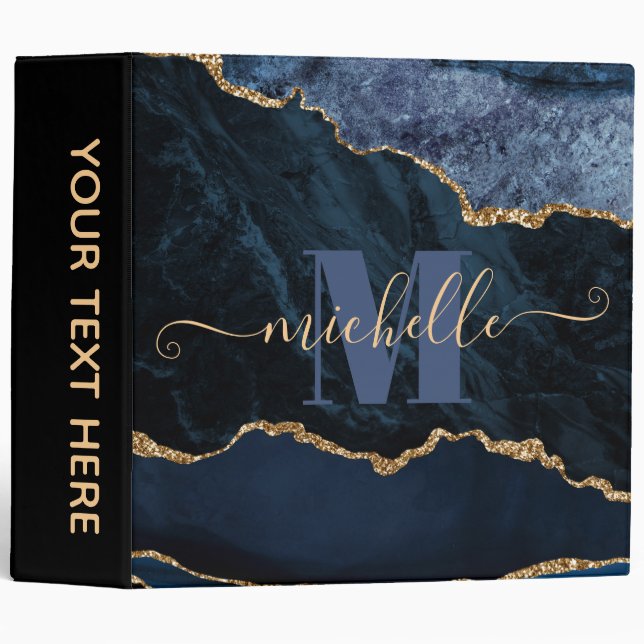 Blue & Gold Faux Glitter Marble Agate Binder (Front/Spine)