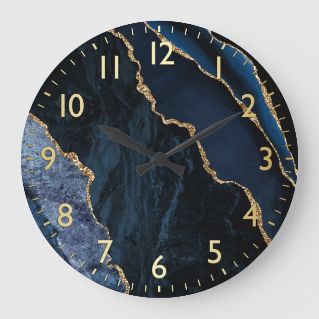 Blue & Gold Faux Glitter Marble Agate Large Clock (Front)