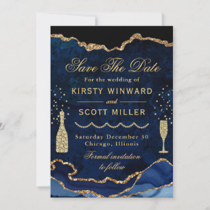 Blue & Gold Faux Glitter Marble Agate Wedding Save The Date