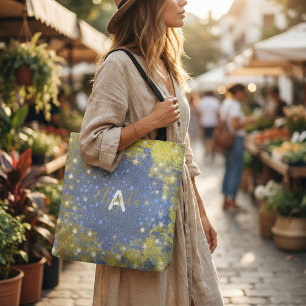 Blue & Gold Faux Glitter Sparkle Monogram Name Tote Bag
