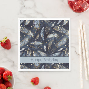 Blue Gold Feathers Stars Birthday Napkin